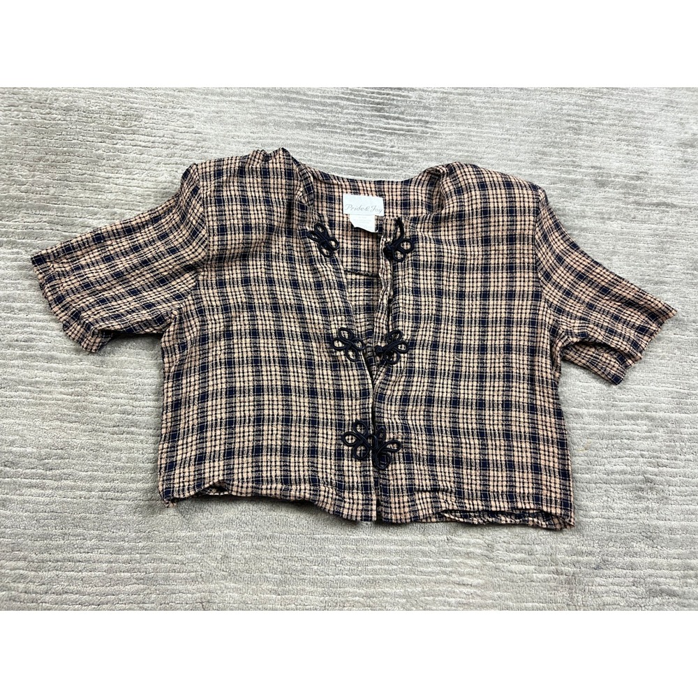Pride & Joy Plaid Top Unisex 18M Navy Tan Frog Toggle Short Sleeve Boxy Vintage